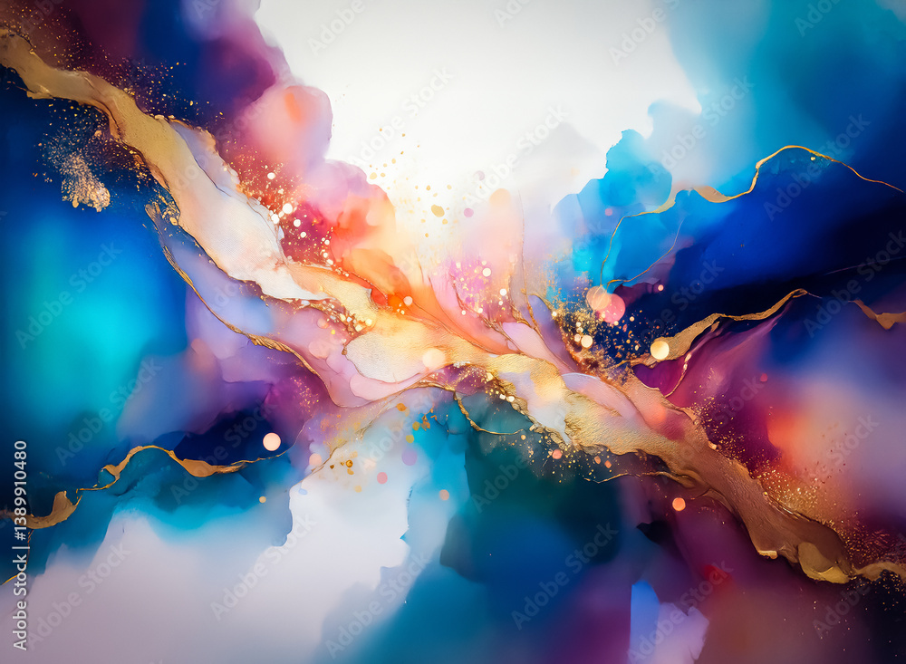 Aufkleber this abstract art showcases a vibrant explosion of color, hinting at cosmic clouds with golden veins