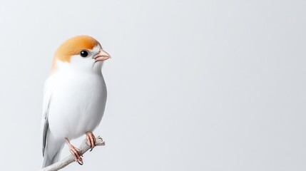 Obraz premium A small bird with orange head perched gracefully on a branch, minimalist white background, side profile view, and serene and elegant composition.