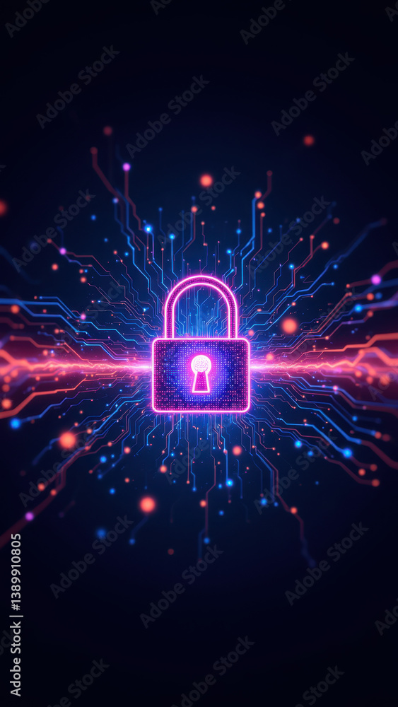 Poster cybersecurity lock with electric circuit background emphasizing secure online protection.