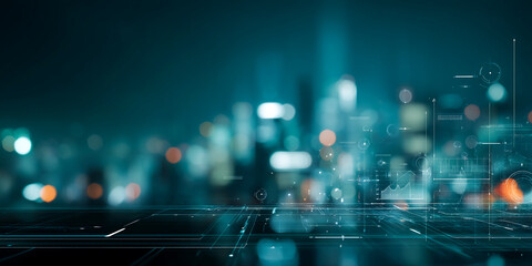 Abstract teal city lights background with digital interface overlay, showcasing technological advancement and modern urban life, ideal for tech or futuristic concepts