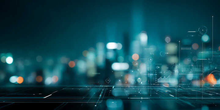 Abstract teal city lights background with digital interface overlay, showcasing technological advancement and modern urban life, ideal for tech or futuristic concepts