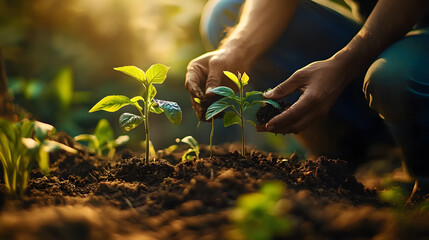 Fototapeta premium Farmers planting new trees and watering them to help increase oxygen in the air and reduce global warming, planting new trees in the forest, Concept of people Save the earth, world or planet, ecology