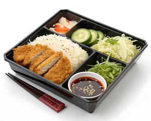 Delicious chicken katsu bento box white background food photography minimalist environment top view culinary presentation