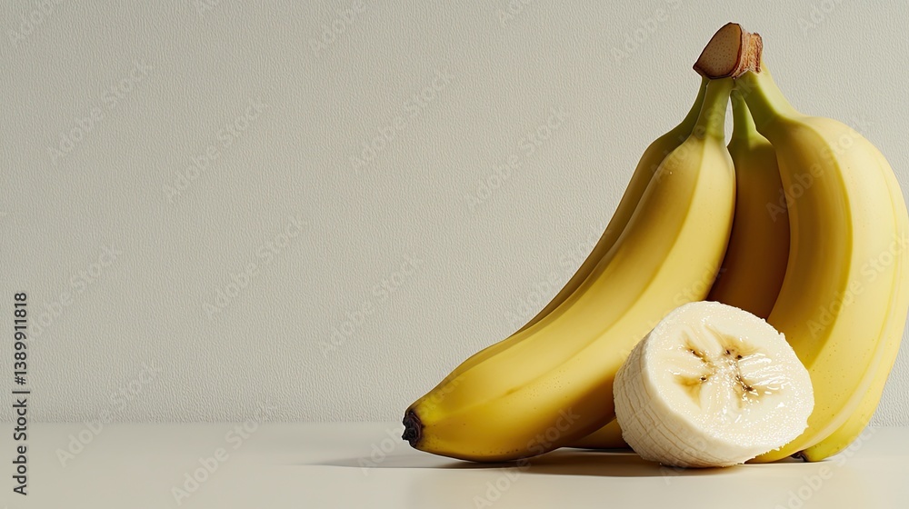 Poster fresh bananas on a smooth surface with one sliced open