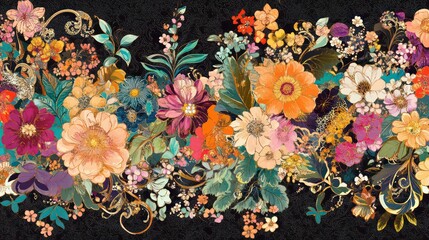 Ornate floral paisley pattern design. Colorful flowers, paisley motifs create rich, vibrant damask style. Great for textile design, interior decor. Intricate details with various flower types, leaf