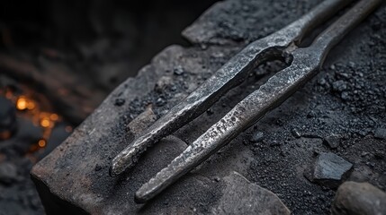 A closeup photograph of metal tongs on an anvil surface