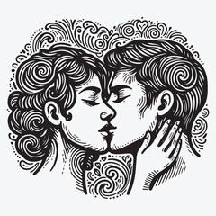 Man and woman kissing close-up heads without faces - hand drawn doodle