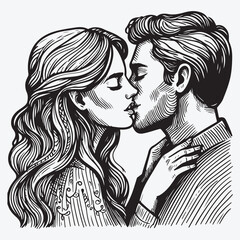 Man and woman kissing close-up heads without faces - hand drawn doodle