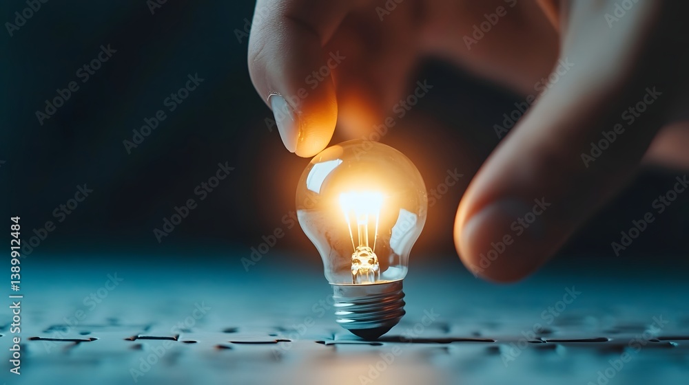 Aufkleber hand placing glowing lightbulb puzzle piece symbolizing innovation and problem-solving