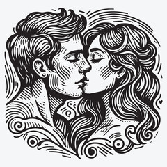 Man and woman kissing close-up heads without faces - hand drawn doodle