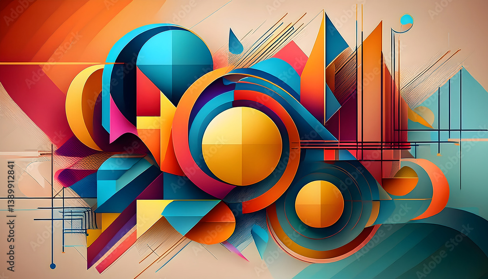 Poster colorful abstract geometric composition featuring circular and angular shapes with a mix of vibrant 