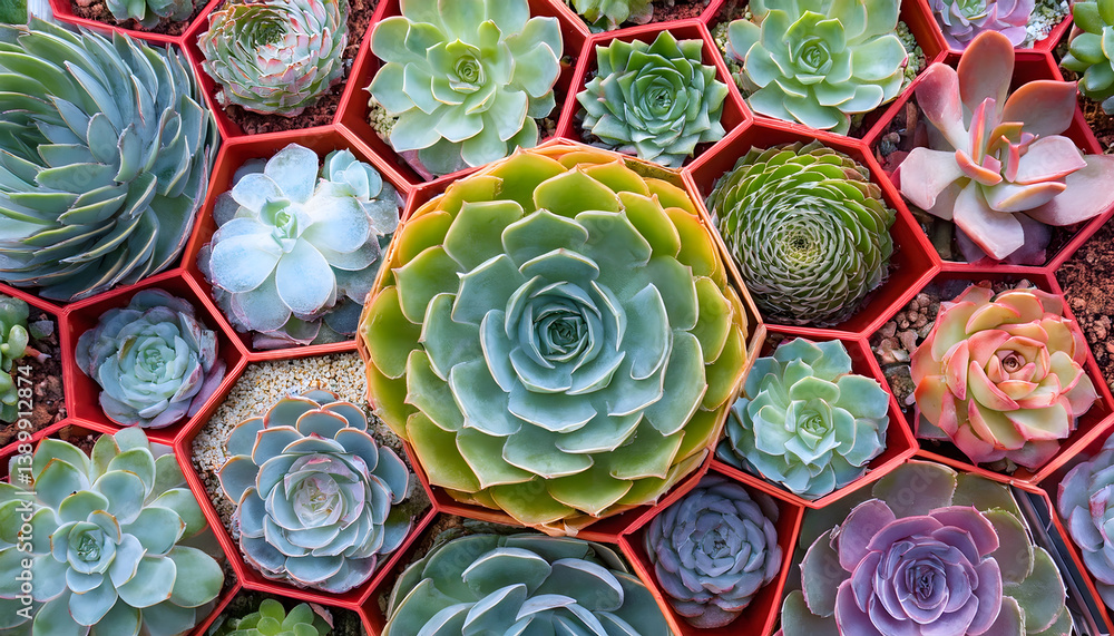 Poster A vibrant arrangement of various succulents in hexagonal pots, showcasing diverse shapes and colors, creating a visually appealing display