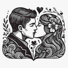 Man and woman kissing close-up heads without faces - hand drawn doodle