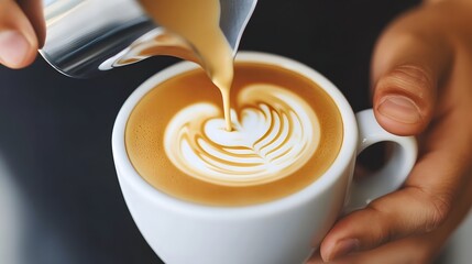 Barista Pouring Steamed Milk for Crafting Intricate Latte Art Design