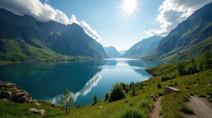 Lovatnet lake in Norway with sunny midday conditions, captured from an aerial view.