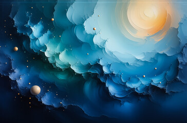 Here's a description and keywords based on the image:

A dreamy, celestial artwork. Blue and teal clouds swirl around a bright, warm sun-like form, with floating golden orbs adding depth. Hints of cos