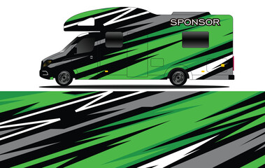 Vibrant green and black camper van design with dynamic stripes, showcasing modern aesthetics for travel