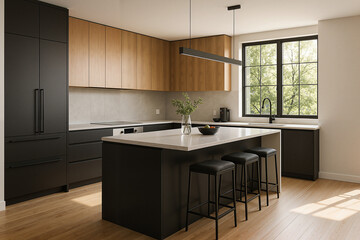 Fototapeta premium Modern kitchen interior design with black and wood accents 