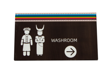 Signs Modern public toilet or bathroom sign brown isolated on cut out PNG or transparent background. Symbol notifying people. Of men, women, with person icon arrow go to washroom.