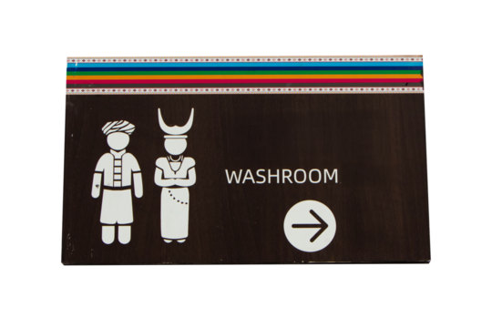 Signs Modern public toilet or bathroom sign brown isolated on cut out PNG or transparent background. Symbol notifying people. Of men, women, with person icon arrow go to washroom.