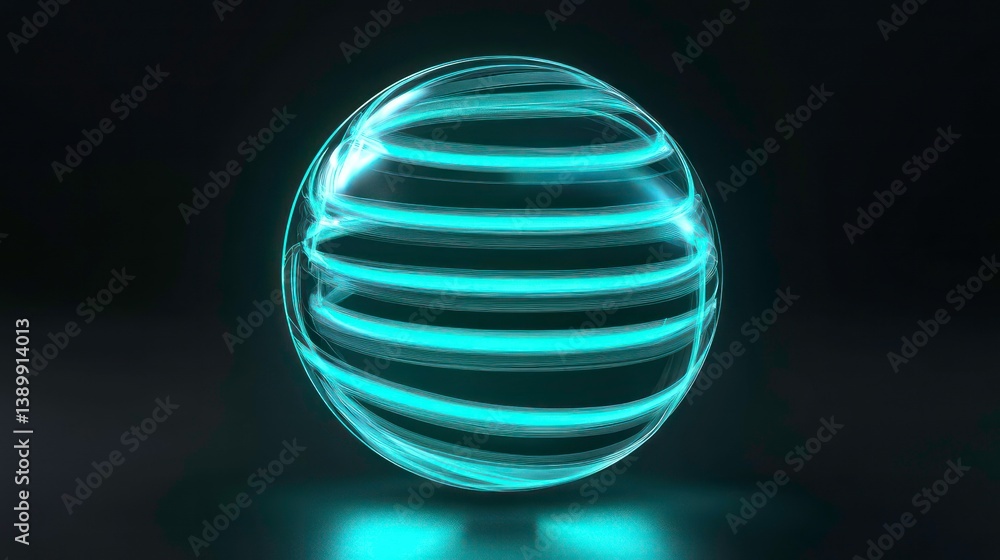 Poster abstract sphere glows with light lines. fluid turquoise, teal gradient flows. dynamic futuristic 3d 