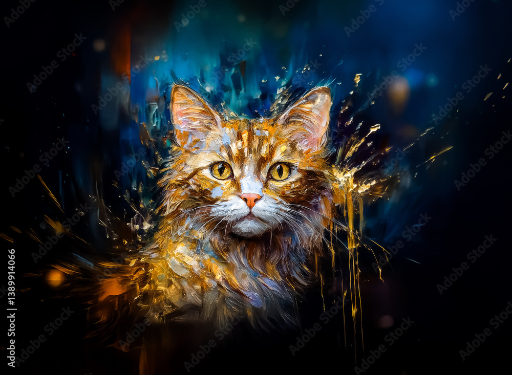 Poster here's a description keywords: a close-up of a feline, rendered with vibrant brushstrokes, central f