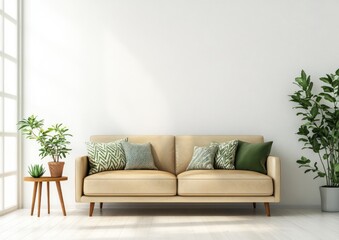 Minimalist Living Room Interior Design with Beige Leather Sofa Green Pillows and Potted Plants