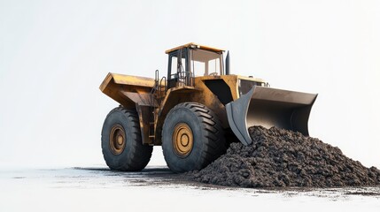 Fototapeta premium Heavy construction loader isolated on white background. Large yellow machine with dark gray bucket filled with earth sand. Industrial vehicle ready for work. Powerful construction equipment for
