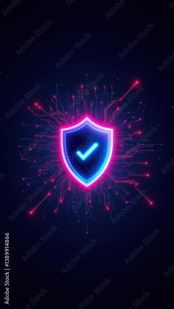 Poster cybersecurity symbol with glowing cybernetic effect.