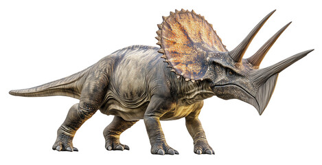 Fototapeta premium realistic depiction of Triceratops dinosaur showcases its distinctive three horns and large frill. creature textured skin and powerful stance evoke sense of prehistoric majesty