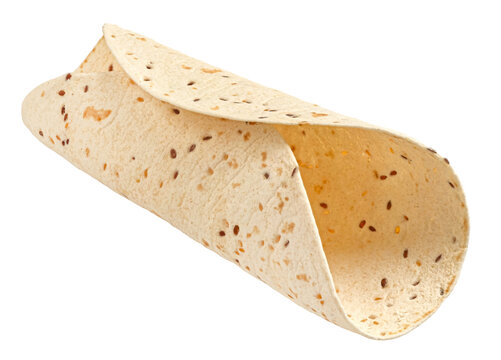 Empty folded lavash with flax seeds isolated on white background