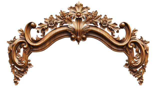 ornate wood carving with intricate floral and leaf patterns, featuring symmetrical design and elegant curves, showcasing traditional craftsmanship
