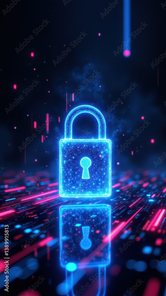 Poster a glowing blue 3d lock symbol stands in front of a futuristic tech background with digital lines and