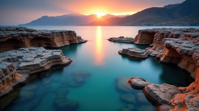 Calm, panoramic scene of Papingo Rock Pools in Greece at dawn, with mild, rainy winter weather.