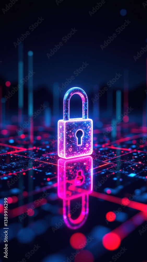 Poster cybersecurity lock on network grid.