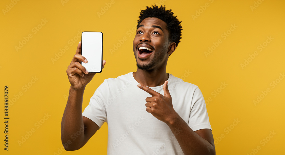 Aufkleber happy african man holding smartphone with empty screen pointing finger looking up against yellow bac