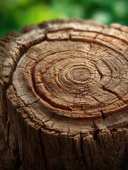 Close-up of a tree stump showing intricate growth rings, emphasizing the natural texture and age of the wood.