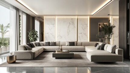 Modern Luxury Living Room Interior Design: Beige Sectional Sofa, Marble Wall, and Elegant Decor