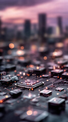 Close-up of a central processing unit, glowing with warm light, on a circuit board, with a blurred city backdrop, symbolizing technological advancement and connectivity