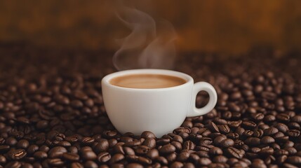 Fototapeta premium Steaming White Cup of Aromatic Roasted Coffee Beans on Warm Cozy Background