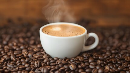Steaming Hot Coffee in White Cup Surrounded by Roasted Coffee Beans Under Warm Lighting