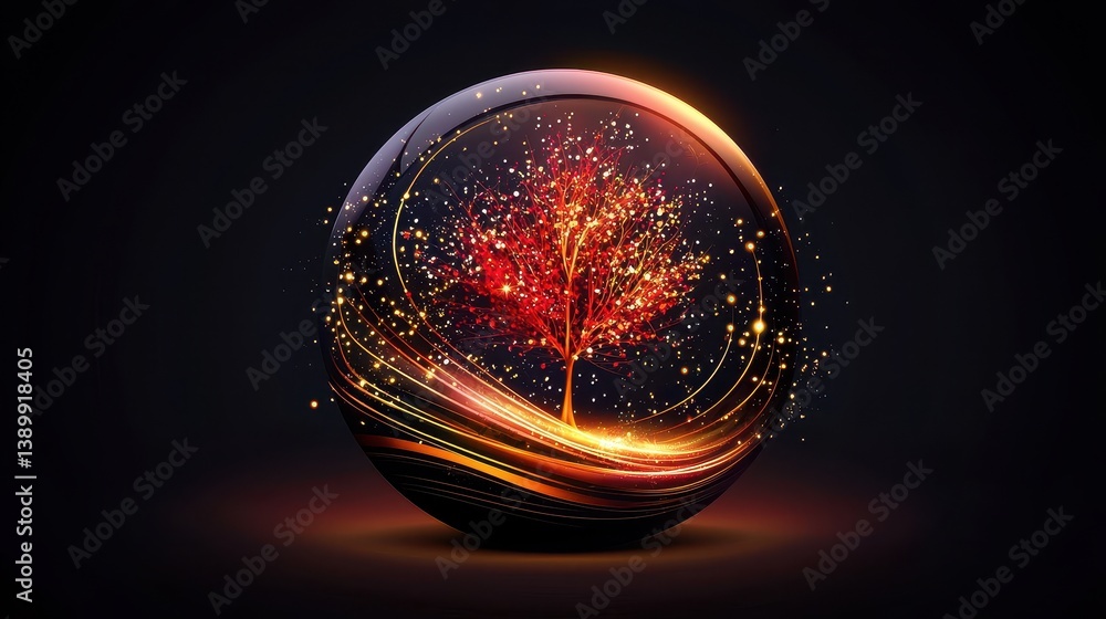 Aufkleber glowing red and gold snow globe design with a bold tree and sparkling lights on a dark background