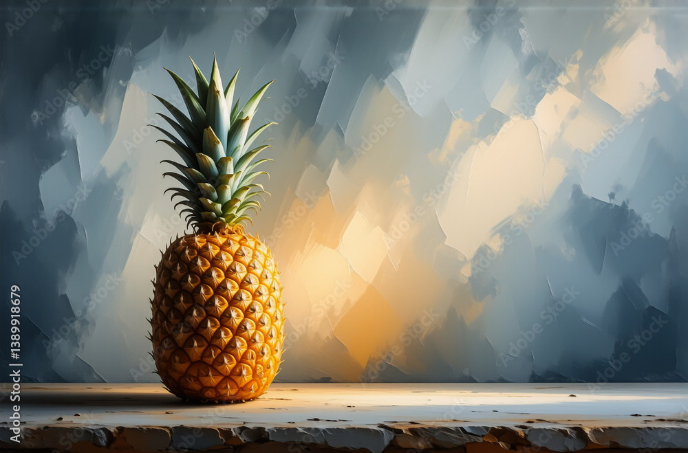 Poster A vibrant pineapple stands alone on a weathered surface, illuminated by a warm glow. Hints of a textured, painted backdrop add depth, creating a striking contrast between the fruit and setting.