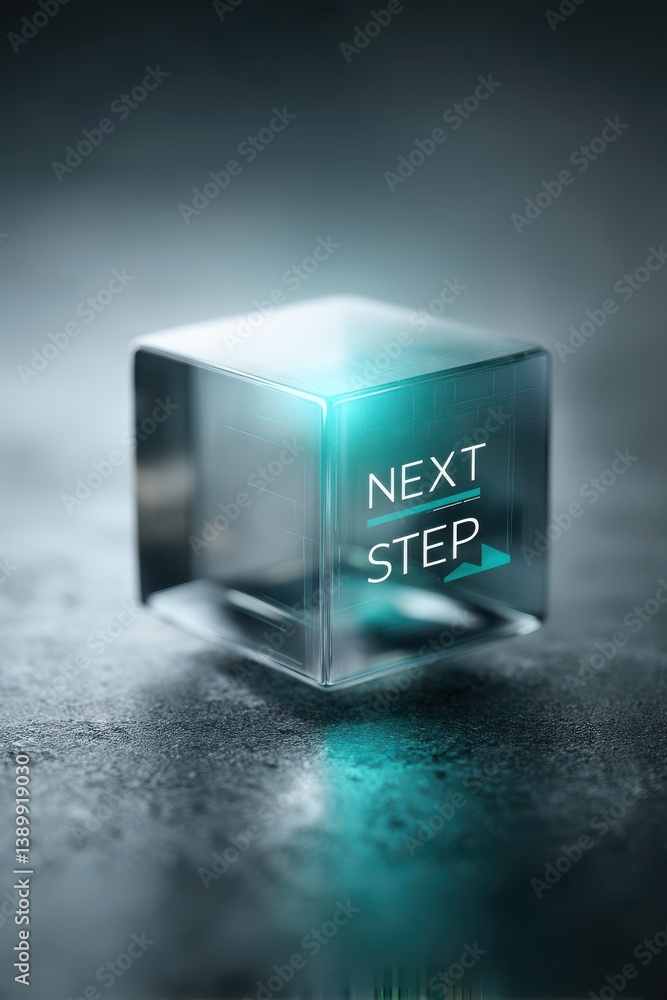 Poster a futuristic transparent cube displaying the words 