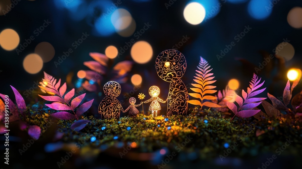 Poster abstract art of family dolls with intricate patterns surrounded by colorful flora and soft glowing l