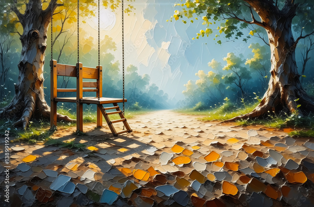 Poster a whimsical forest scene with a wooden swing. sunlight filters through the trees, illuminating a pat