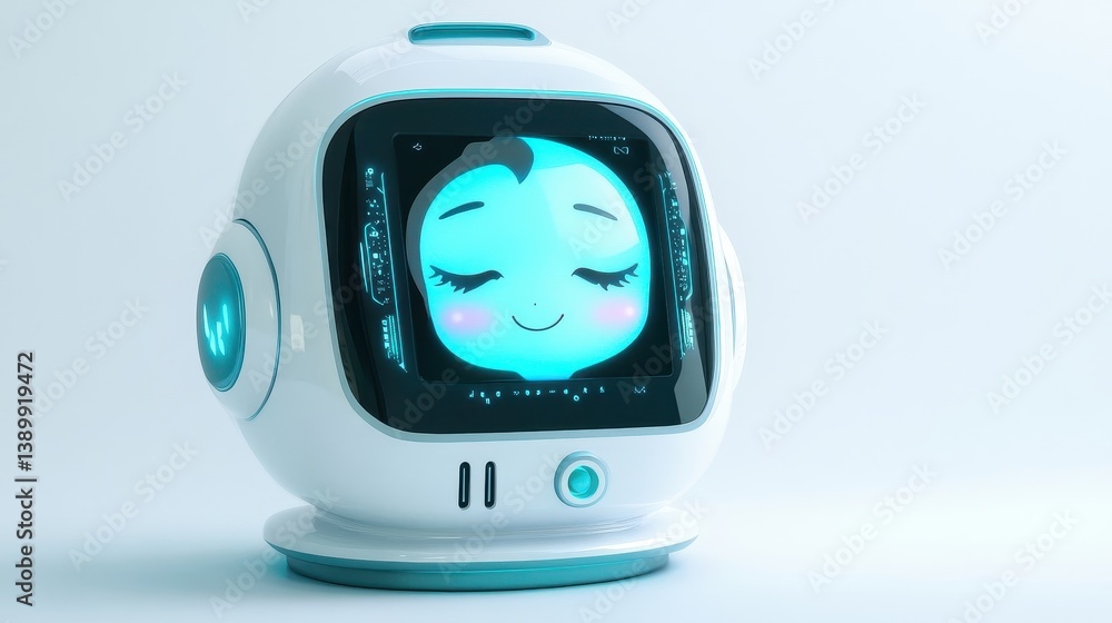 Poster a futuristic robot assistant with a smiling face on its screen