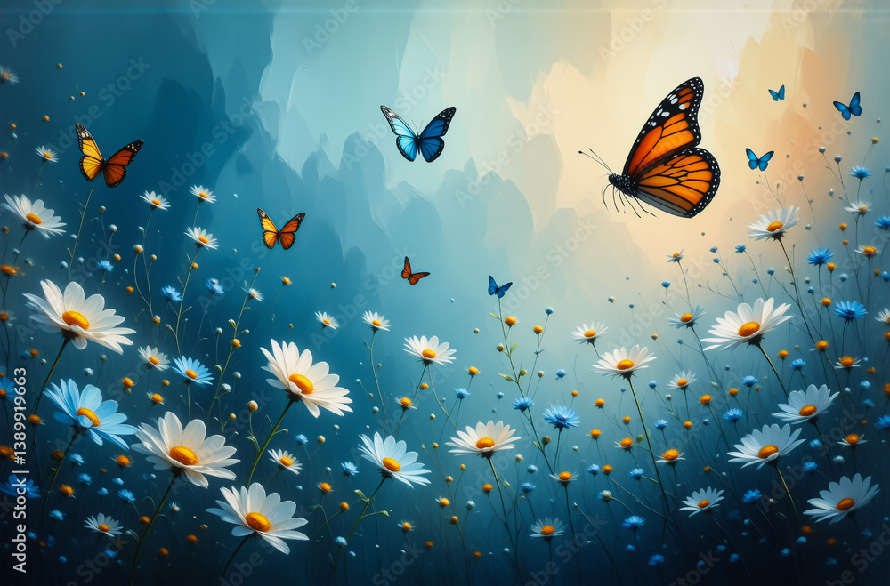 Poster here's a description and keywords based on the image: an idyllic scene shows a field of daisies with
