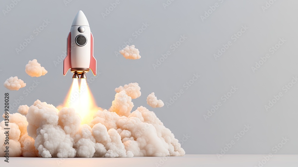 Poster rocket launching with flames and clouds on minimal background