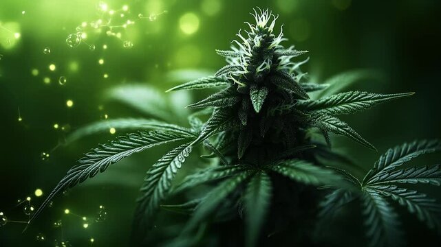 Cannabis plant close-up. Detail of a vibrant cannabis plant showcasing rich green leaves and buds in a lush environment during daylight.